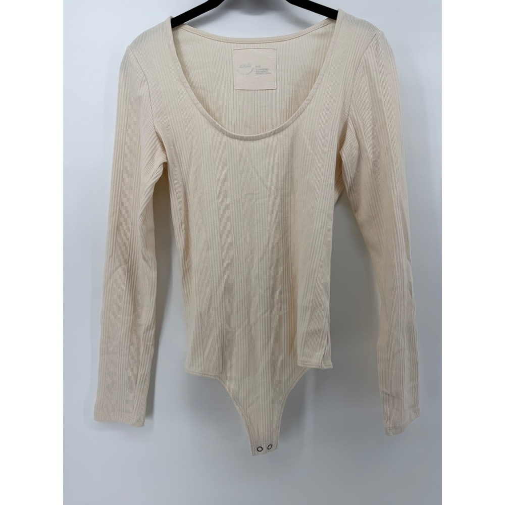 Aerie Ribbed Long Sleeve Bodysuit Cream Scoop Neck Slim Fit Size M
